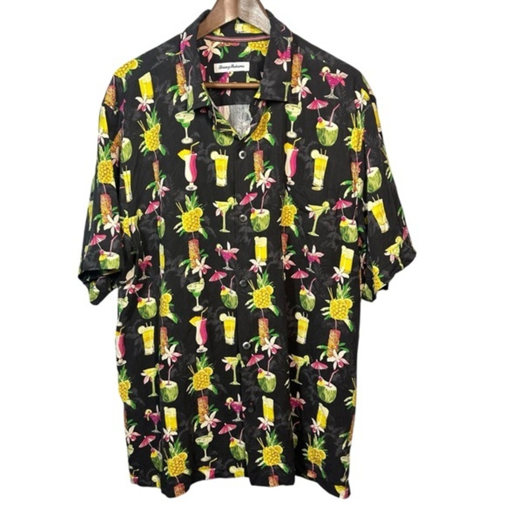 Tommy Bahama Camp Shirt Short Sleeve XL‎ 100% Silk Bartenders Choice Drink Black
